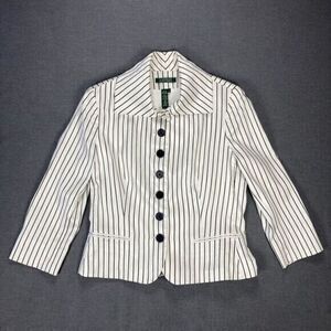 Lauren Ralph Lauren Blazer Womens 10 White Black Stripe Silk Blend Career Jacket